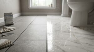 Side-by-side bathroom floor comparison showing textured matte grey slip-resistant tiles on the left next to wet, glossy polished marble tiles with water droplets on the right, alongside a grout bag, tile color swatch fan, and margin trowel beside a toilet base.
