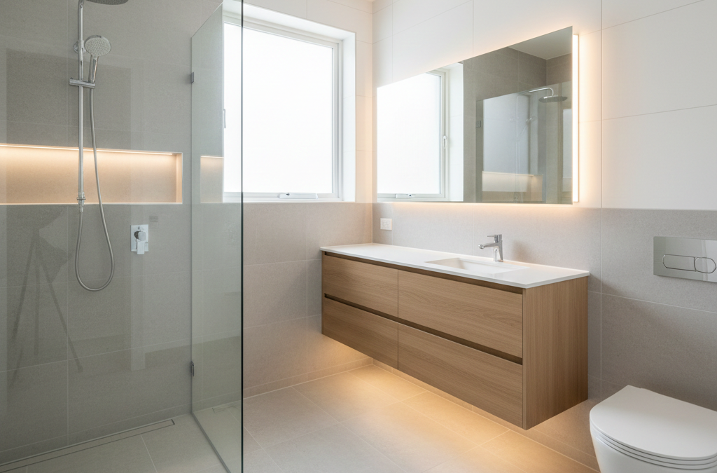 Timeless bathroom with white and grey colours, floating vanity, and frameless shower for long-term style