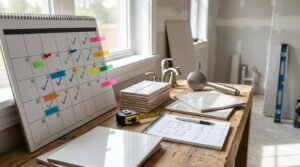 Project planning calendar with colour-coded sticky tabs beside stacks of subway tiles, floor plans, a tape measure, brushed nickel faucet, and shower wand on a wooden workbench in a room under construction.