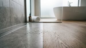 Seamless flush transition between wet area grey stone floor tiles with a linear shower drain and dry zone wood-look oak planks in a modern bathroom, with a freestanding bathtub in the background.