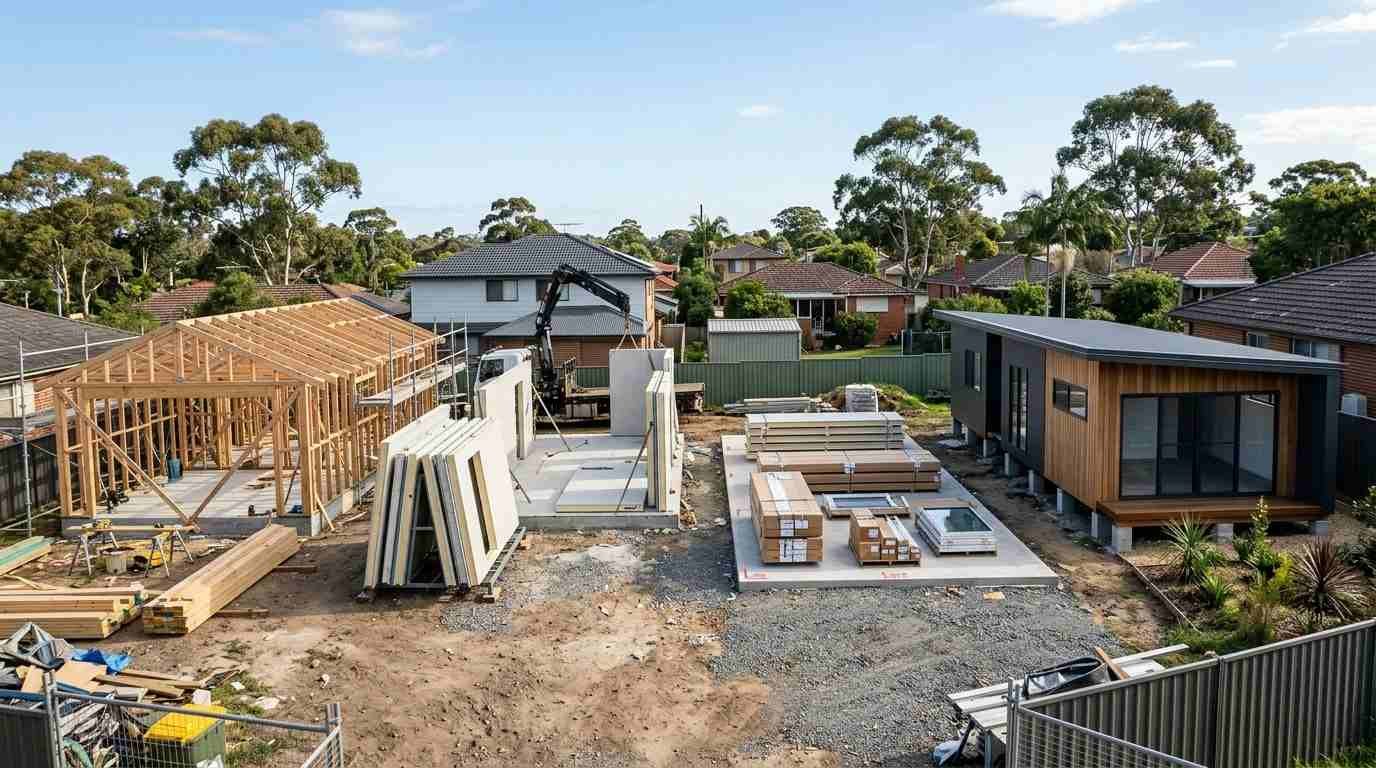 Sydney granny flat construction site showing custom-built, prefabricated, modular, and flat-pack construction methods.