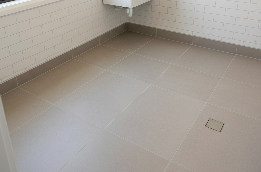 Porcelain tile and vinyl bathroom flooring with sealed joints that prevent urine absorption and odours