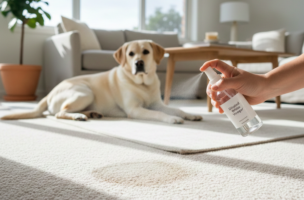 A homeowner spraying diluted white vinegar on carpet to deter a dog from peeing in the same indoor spot and remove urine odour cues
