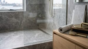 Modern walk-in shower with grey marble tiles, linear floor drain, and frameless glass panel, featuring uninstalled brushed brass rain shower fixtures and a waterproof membrane roll on an oak vanity.