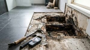 Severe water damage and rotted timber subfloor joists exposed beside a newly tiled walk-in shower with a pry bar, claw hammer, and digital moisture meter resting on the damaged substrate.