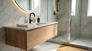 Modern floating light oak vanity with a white stone countertop, undermount sink, curved matte black mixer tap, backlit LED round mirror, and white marble wall tiles next to a walk-in glass shower.