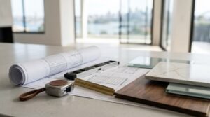 Architectural floor plans unrolled on a white quartz countertop alongside a spirit level, measuring tape, brass scale ruler, walnut timber sample, glass panels, and a Calacatta marble slab overlooking a bright interior with a city view.