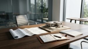 Architectural consultation setup on a walnut conference table featuring a modern multi-level scale model home, unrolled floor plan blueprints, an open leather notebook with workflow diagrams, and printed contract documents in a bright corporate office.
