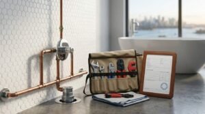 Plumber's canvas tool roll with wrenches and crimping tools next to a framed compliance certificate document and exposed copper pipework against a white picket tile wall in a modern bathroom with a freestanding tub.