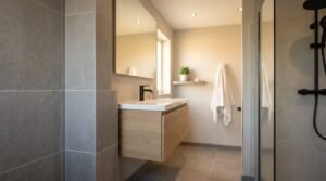 Contemporary minimalist ensuite bathroom featuring a floating light oak vanity, integrated ceramic basin, matte black faucet, frameless glass shower enclosure with matte black showerhead, and large format grey porcelain tiles.