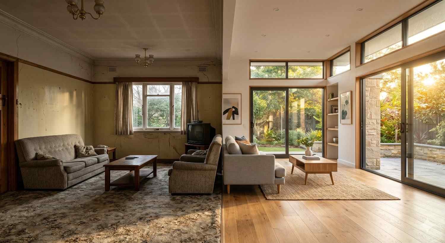 Split scene showing old house interior transforming into modern renovated home