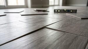 Low-angle close-up of uneven grey wood-look floor tiles demonstrating severe lippage and misaligned grout lines, with a spirit level and loose tile planks in the blurred background.