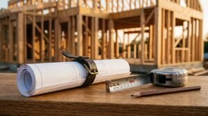 Rolled architectural blueprints and construction tools in front of a timber-framed house under construction