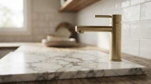 Close-up of a brushed brass kitchen faucet installed on a white marble countertop with a white subway tile backsplash
