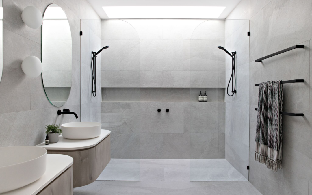 Professional bathroom renovation showing correctly installed tiles following the golden rules of tiling, including proper waterproofing, substrate preparation, and clean grout lines