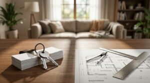 House extension cost comparison with architectural floor plans, house keys, and residential construction planning