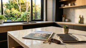Modern kitchen renovation with marble island, real estate brochure, house keys, and project planning notebook