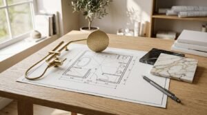 Bathroom renovation planning scene featuring architectural floor plans, brushed gold shower fixture set, black and white marble swatches, and a mechanical pencil on a oak wooden desk