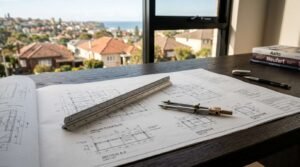 Architectural blueprints for a home renovation project with floor plans, drafting tools, and residential neighborhood view