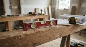Spirit level, tape measure, and construction blueprints on a wooden beam in a residential home renovation and carpentry workspace