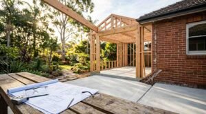 Rear home extension under construction with timber framing, architectural blueprints, and residential building plans