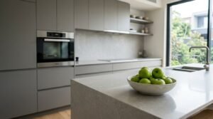 Modern minimalist kitchen with a white stone island, built-in oven, and bowl of green apples in natural daylight