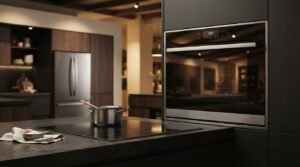 Built-in wall oven and induction cooktop with stainless steel pot on a dark granite island in a modern kitchen
