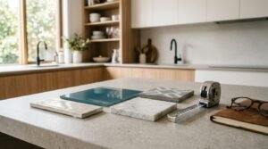Kitchen splashback material samples with tile swatches, measuring tape, and modern kitchen renovation design