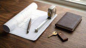 Home renovation blueprint with measuring tape, pen, house keys, and notebook on a wooden desk
