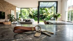 Modern open plan home interior with house keys on a marble countertop overlooking a bright indoor outdoor living space