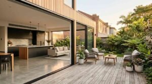 Modern rear home extension with open plan indoor outdoor living, large sliding glass doors, and landscaped backyard