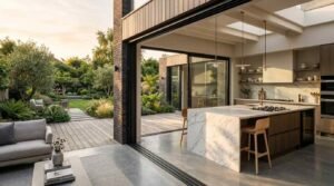 Modern kitchen and living room extension with open plan indoor outdoor design, large sliding glass doors, and landscaped backyard