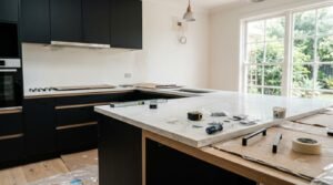 Modern kitchen renovation in progress featuring black cabinets, marble waterfall island, and installation tools