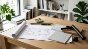 Bathroom renovation planning flat lay featuring architectural floor plans, matte black faucet, marble swatch, tile sample, and oak wood block on a wooden desk