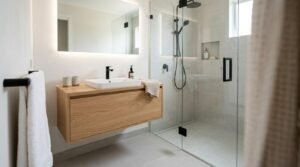 Small modern bathroom layout featuring a wall-hung oak vanity, illuminated LED mirror, matte black fixtures, and a frameless glass walk-in shower