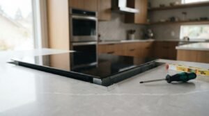 Induction cooktop installation into quartz countertop with screwdriver and spirit level in a modern wooden kitchen