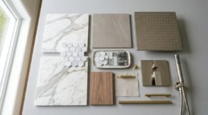 Bathroom renovation mood board flat lay featuring Calacatta marble tiles, hexagon mosaic, brushed brass shower fixtures, walnut wood sample, and fabric swatches