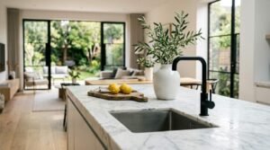 Modern open-plan kitchen with marble island, black faucet, and garden views through large glass doors