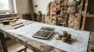 Renovation budget planning with architectural blueprints, calculator, and stacked coins on a workbench inside a home under construction.