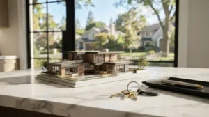 Architectural scale model of a modern custom home displayed beside house keys and documents, representing home design and construction planning.