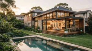 Modern luxury home extension featuring floor-to-ceiling glass walls, timber accents, an outdoor entertaining area, landscaped garden, and a backyard swimming pool at sunset.