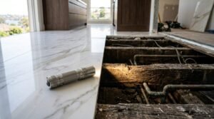 Marble tile flooring removed during a home renovation, exposing subfloor joists, plumbing, and structural repairs