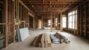 House under renovation with exposed timber framing, electrical wiring, insulation materials, and stacked flooring inside an unfinished interior