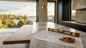 Modern luxury kitchen with marble island countertop, architectural floor plan, and spirit level overlooking a waterfront residential view