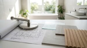 Bathroom renovation layout plans with modern faucet hardware and tile, glass, and wood material samples on a countertop