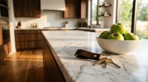 Modern kitchen island with marble countertop, house keys, and a bowl of green apples