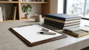 Contract signing setup featuring a leather clipboard with blank paper, silver fountain pen, stacked notebooks, tile samples, and a coffee mug on a concrete desk