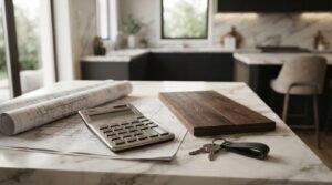 Calculator, architectural blueprints, wood flooring sample, and house keys on a marble kitchen island in a modern kitchen