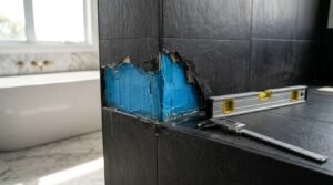 Damaged bathroom wall tiles exposing waterproofing membrane during a renovation, with a spirit level and measuring caliper nearby