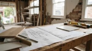 Home renovation workspace with architectural plans, material samples, and construction tools inside a house under renovation